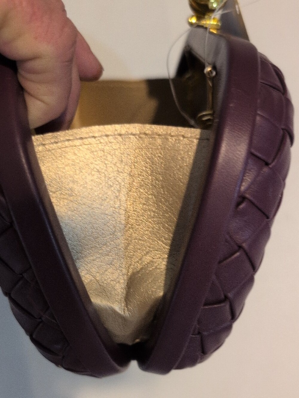 Woven Leather Purple Crossbody Clutch with Gold Chain - Picture 12 of 16